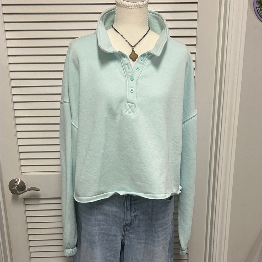 Women's Mint Green Polo Sweatshirt with Raw Hem and Elastic Cuffs
